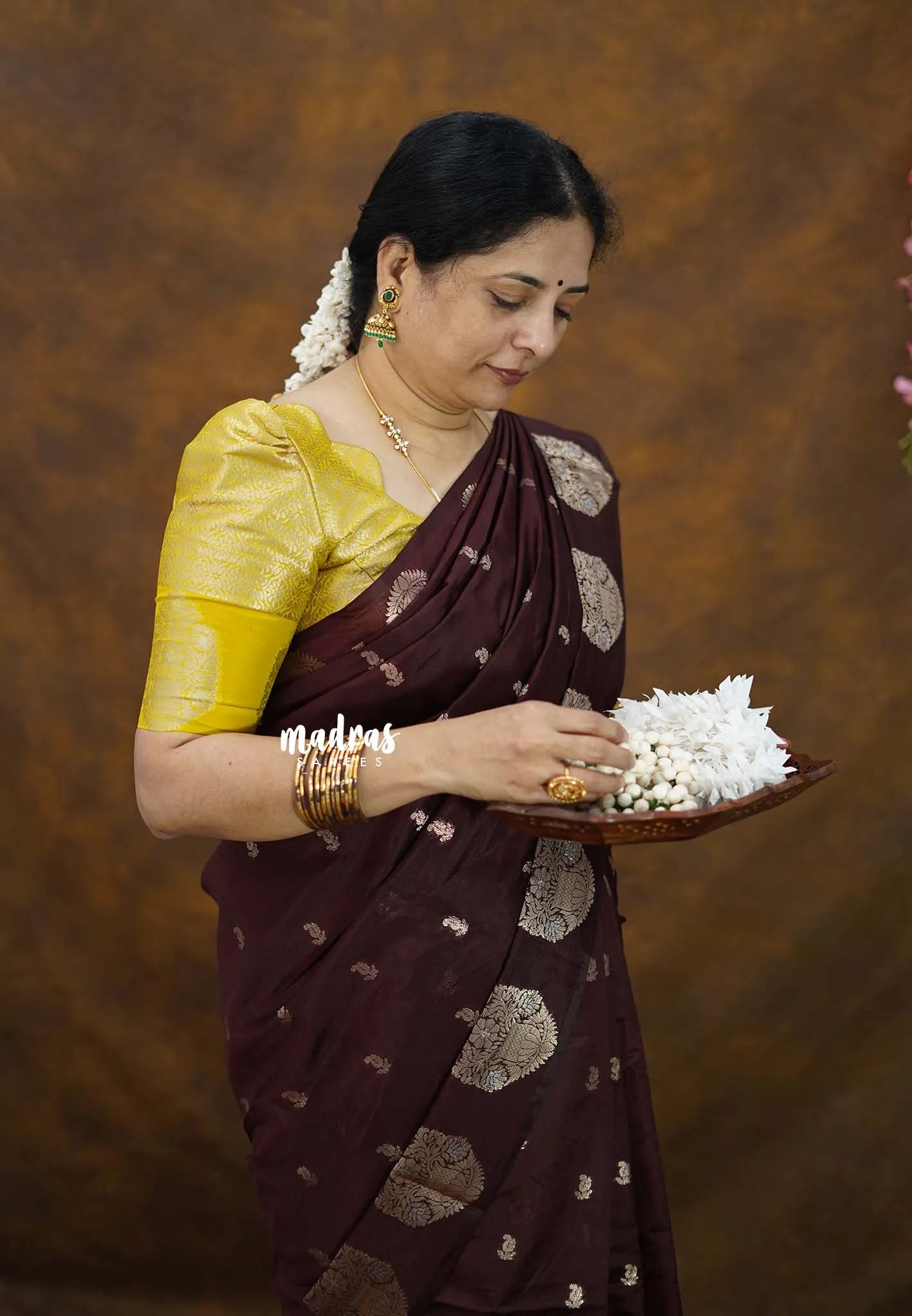 Coffee Brown - Vasantha Raagam - Banarasi mashru Silk with Antique Zari Border and buttas - Perfect for Wedding Wear - Madras Sarees