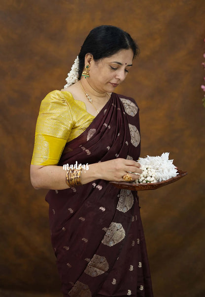 Coffee Brown - Vasantha Raagam - Banarasi mashru Silk with Antique Zari Border and buttas - Perfect for Wedding Wear - Madras Sarees