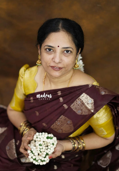 Coffee Brown - Vasantha Raagam - Banarasi mashru Silk with Antique Zari Border and buttas - Perfect for Wedding Wear - Madras Sarees