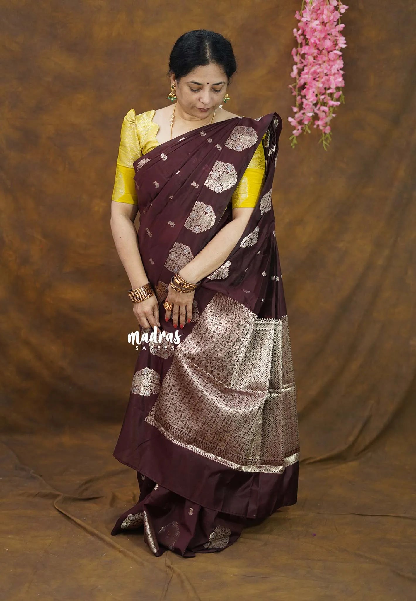 Coffee Brown - Vasantha Raagam - Banarasi mashru Silk with Antique Zari Border and buttas - Perfect for Wedding Wear - Madras Sarees