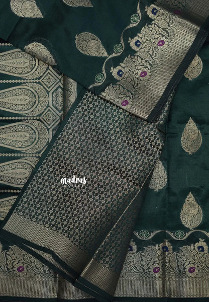 Deep Bottle Green - Durga - Banarasi Semi Dupion silk with Gold Zari Buttas and Border - Best for Function Wear - Madras Sarees