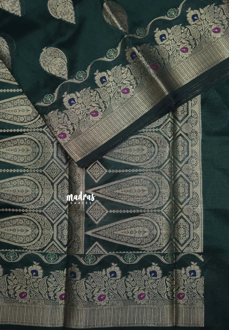 Deep Bottle Green - Durga - Banarasi Semi Dupion silk with Gold Zari Buttas and Border - Best for Function Wear - Madras Sarees