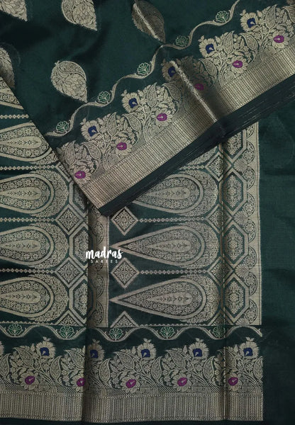 Deep Bottle Green - Durga - Banarasi Semi Dupion silk with Gold Zari Buttas and Border - Best for Function Wear - Madras Sarees