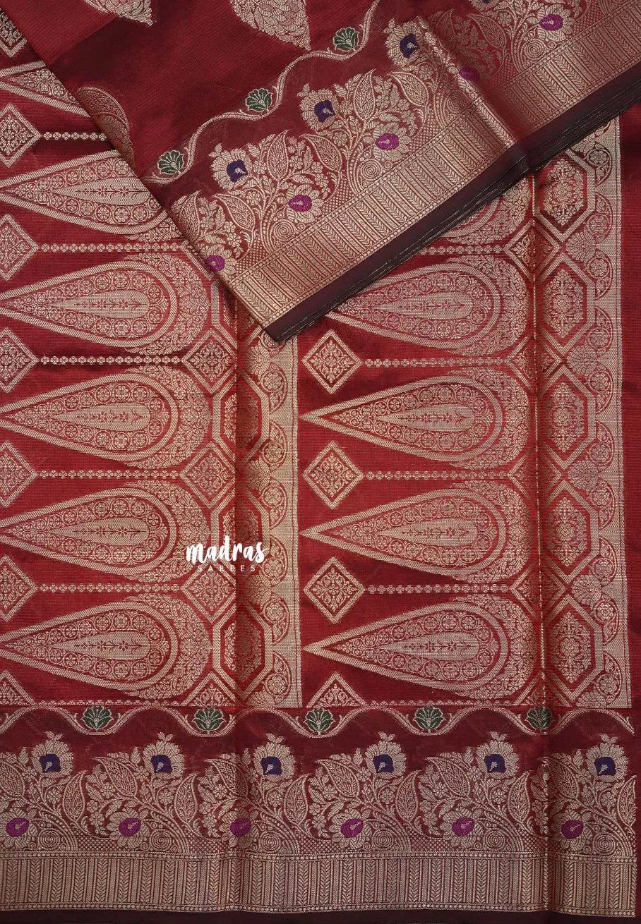 Majestic Maroon - Durga - Banarasi Semi Dupion silk with Gold Zari Buttas and Border - Best for Function Wear - Madras Sarees