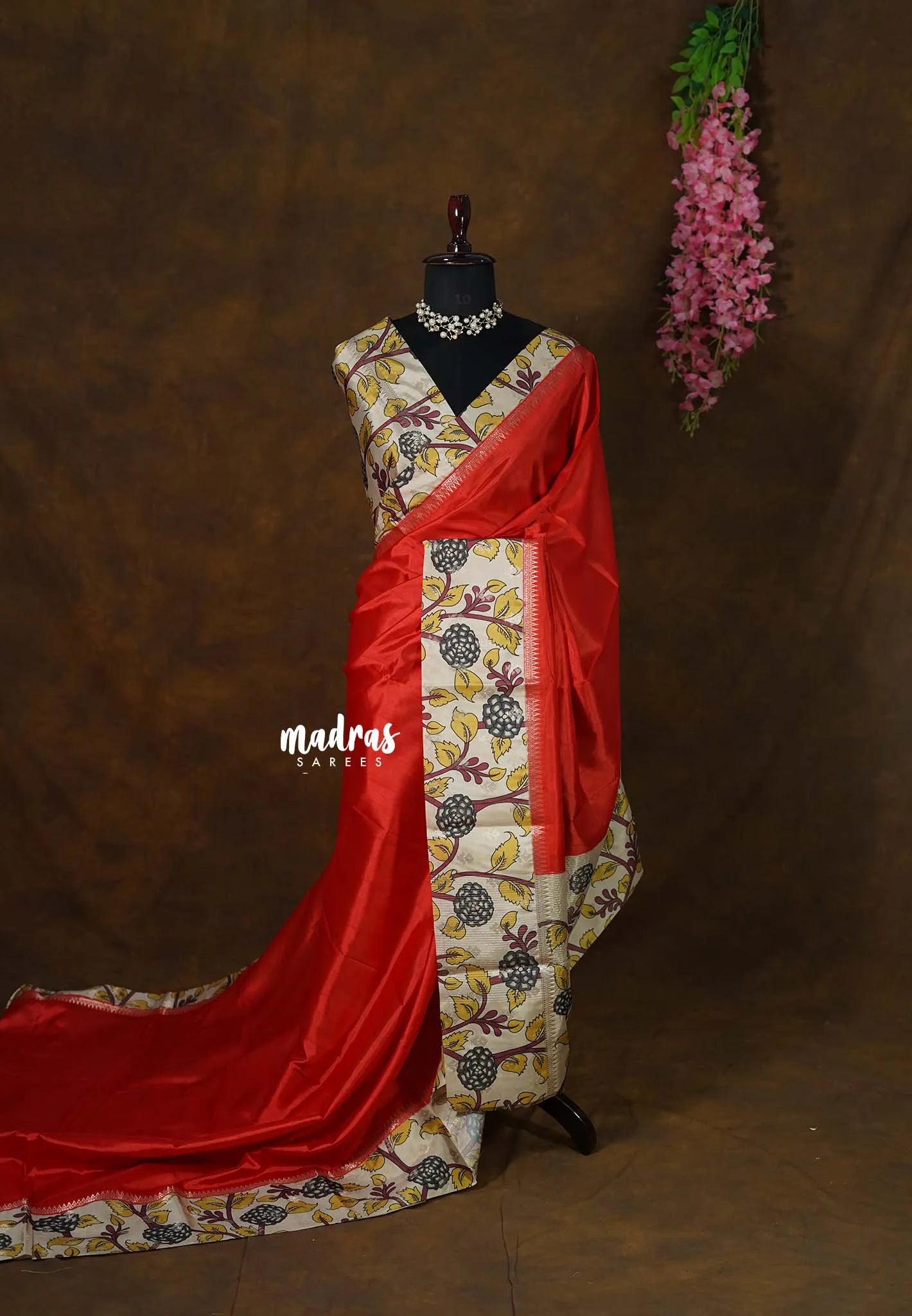 Vermilion Orange - Seetha - Soft Mangalore silk floral design with Border and tiny temple zari - Best for small functions - Madras Sarees