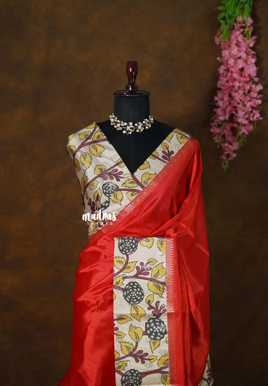 Vermilion Orange - Seetha - Soft Mangalore silk floral design with Border and tiny temple zari - Best for small functions - Madras Sarees