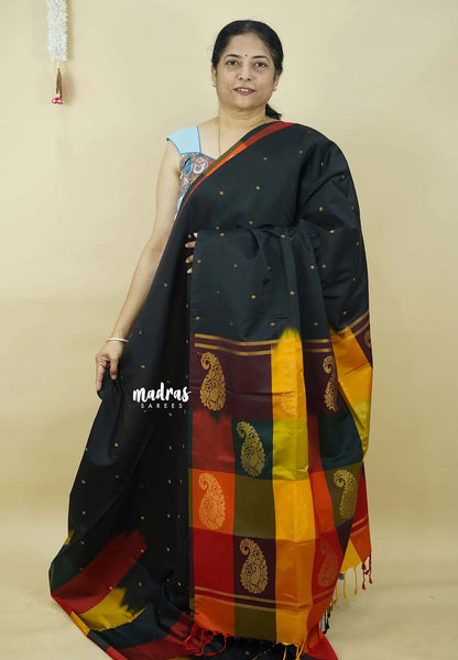 Ebony Black with Sunset Checks - Vedhavalli – Soft Silk Elegance - Perfect for wedding - Madras Sarees
