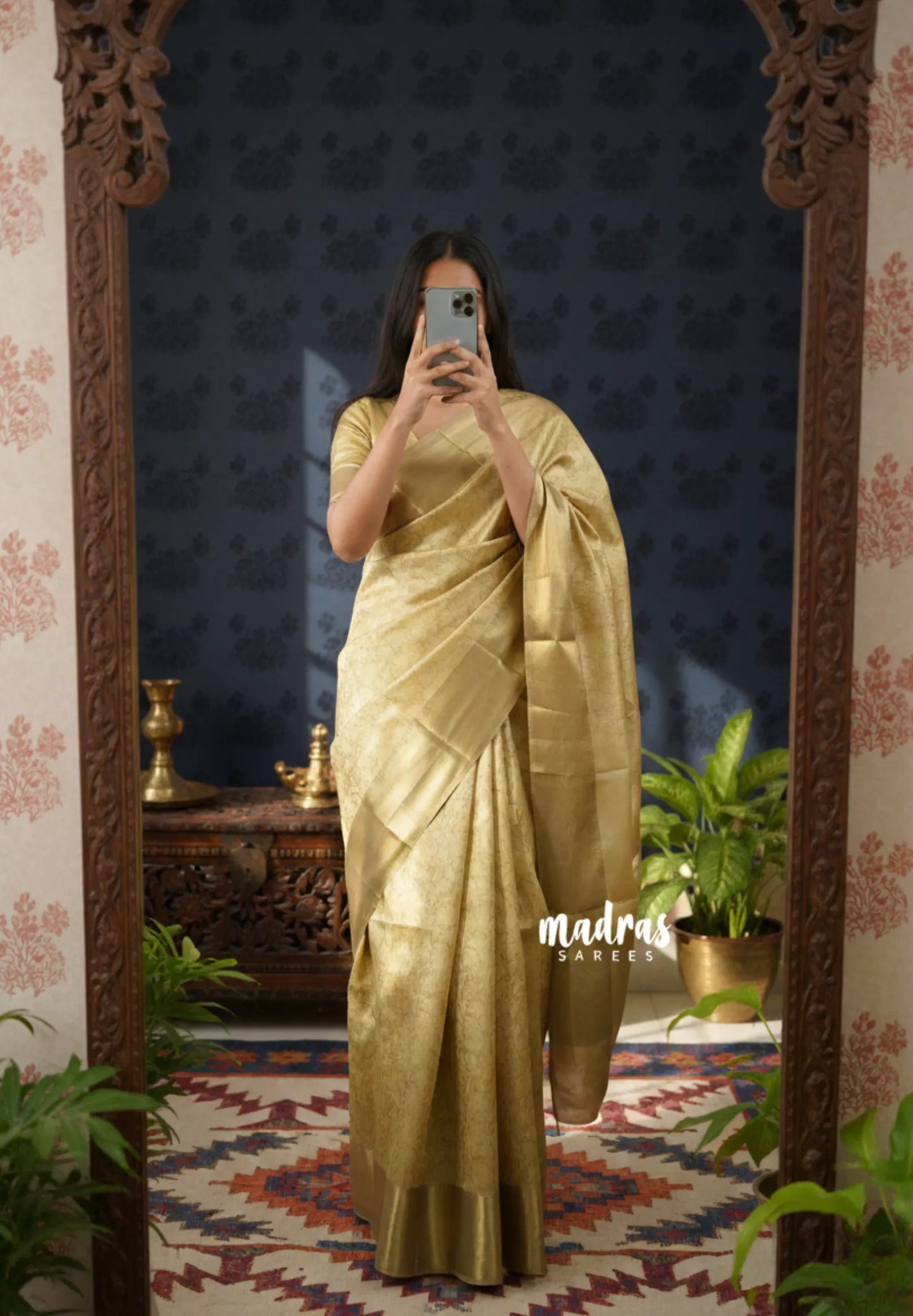 Ahaana - Nita Ambani inspired semi silk with emboss weaving plain border - Pure gold - Madras Sarees