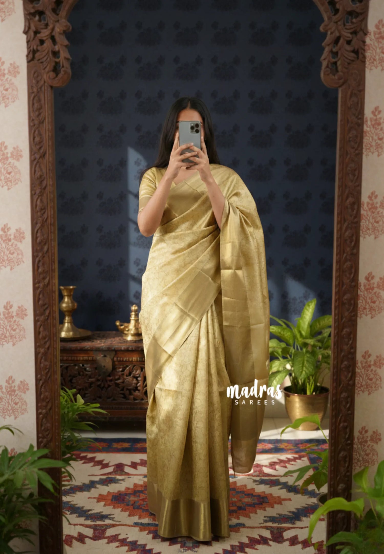 Ahaana - Nita Ambani inspired semi silk with emboss weaving plain border - Pure gold - Madras Sarees