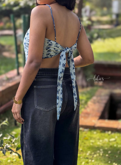 Blue Mosaic Reversible Bandana Top - Lilies