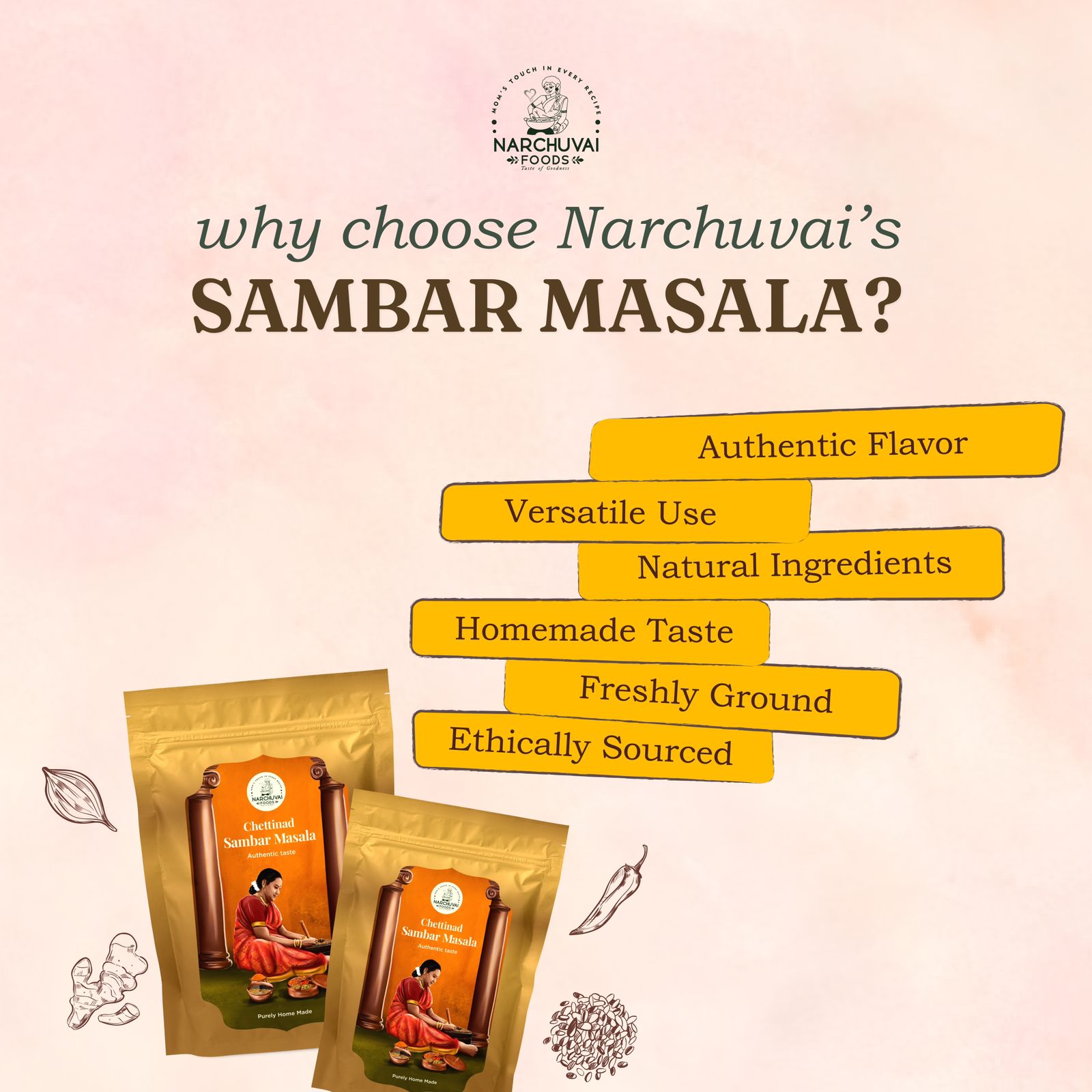 Home Made Chettinad Sambar Masala - Narchuvai - MadrascartNarchuvai