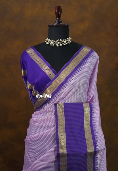 Lilac Pink - Kanimozhi - Soft Silk Vintage Checks with Rettapet Border - Best for Festive Wear - Madras Sarees