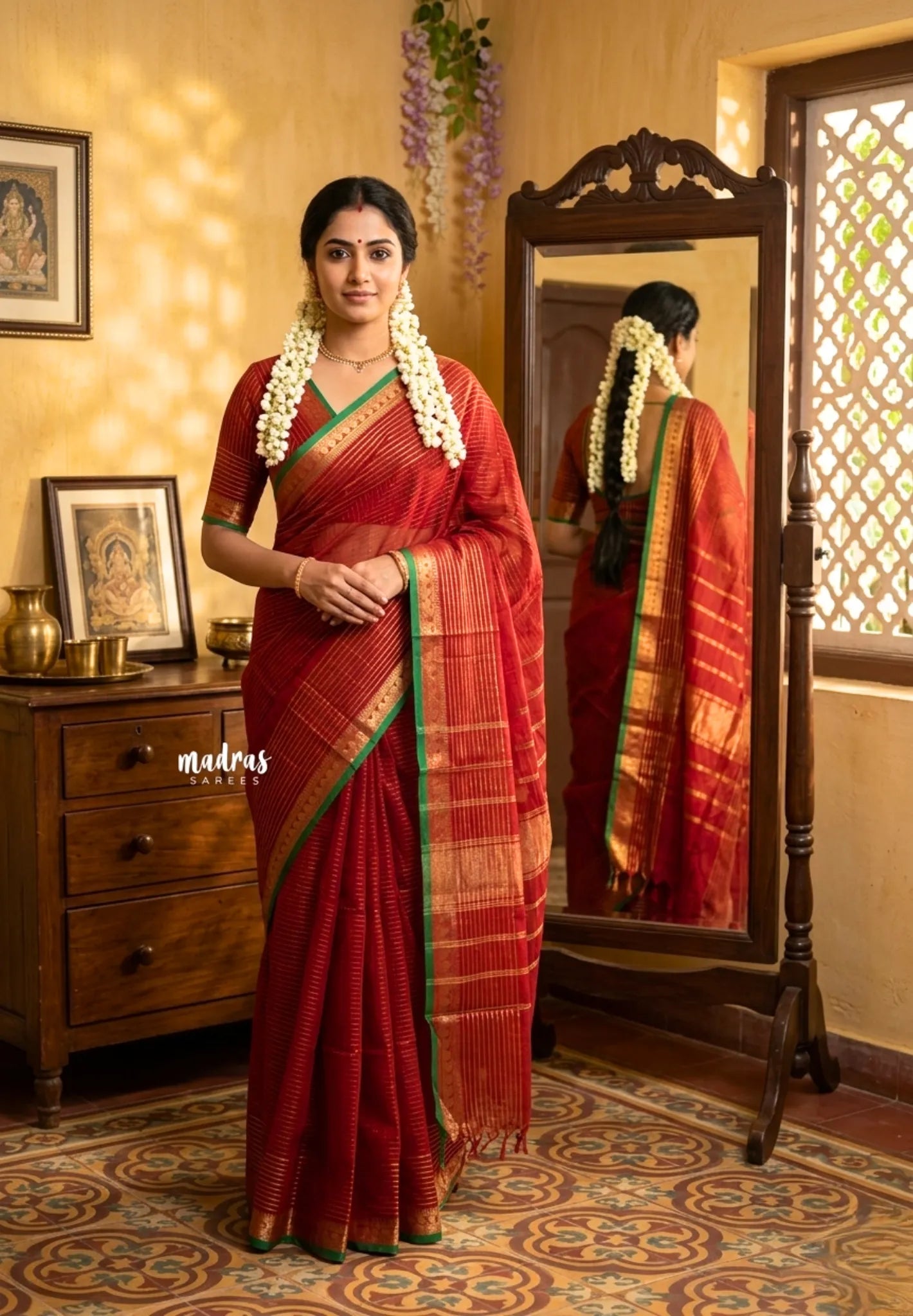 Kumkum Maroon - Karthigai silk cotton with golden stripes weaving - Madras Sarees