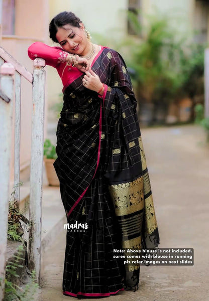 Korvai silk cotton Checks With annam Buttas Black - Madras Sarees