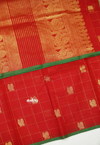Korvai silk cotton Checks With annam Buttas Chilli Red - Madras Sarees
