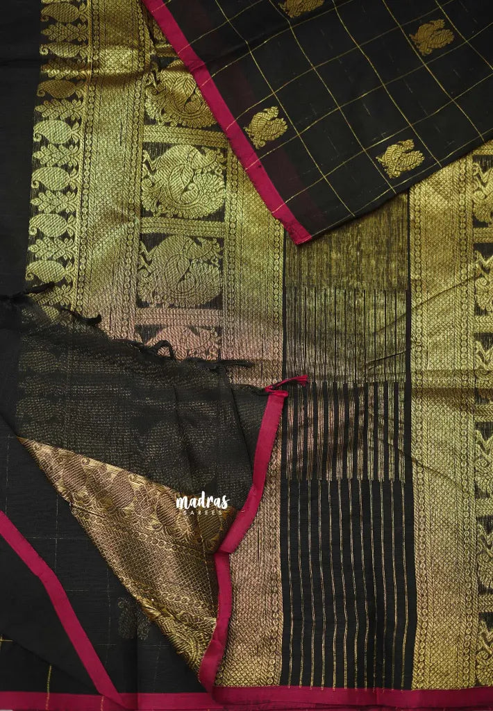 Korvai silk cotton Checks With annam Buttas Black - Madras Sarees