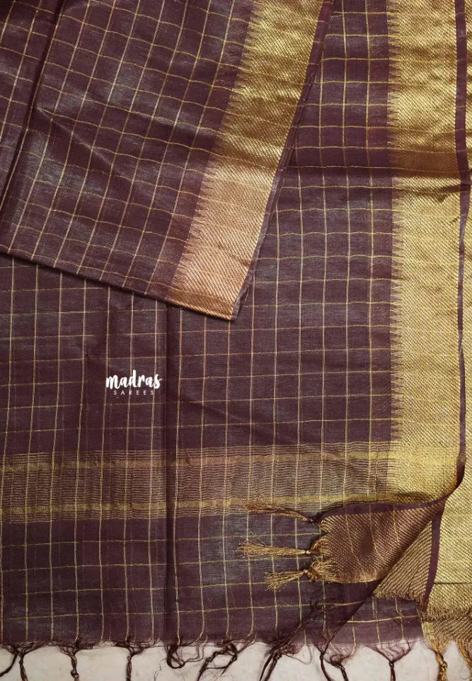 Mangalgiri semi pattu checks body with getti border - Deep brown - Madras Sarees