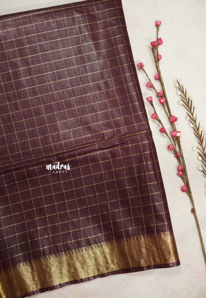 Mangalgiri semi pattu checks body with getti border - Deep brown - Madras Sarees