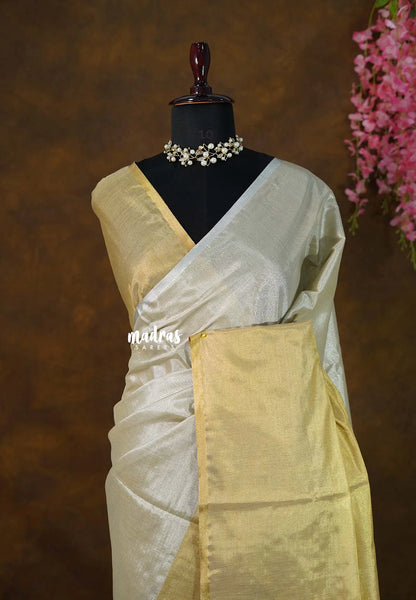 MoonSun Blend - Kushboo half and half gold and silver tissue silk Saree - Best for Small Functions - Madras Sarees