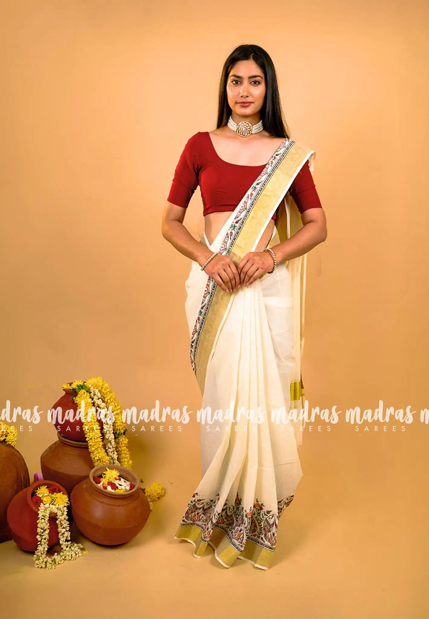 Smt Nirmala sitharaman inspired Madhubani Handpainted south cotton with raw silk blouse combo - Pearl white - Madras Sarees