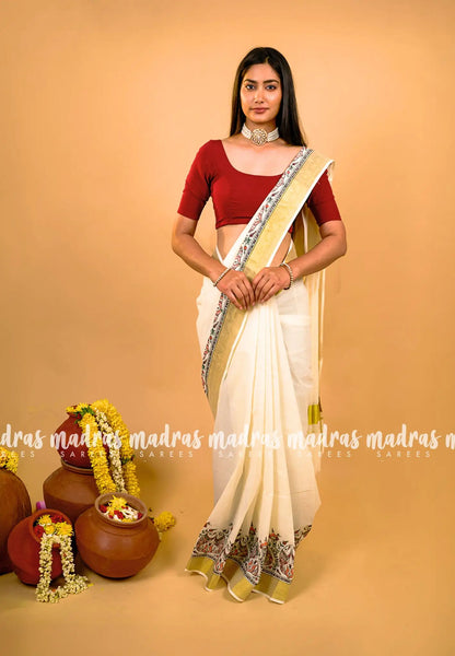 Smt Nirmala sitharaman inspired Madhubani Handpainted south cotton with raw silk blouse combo - Pearl white - Madras Sarees