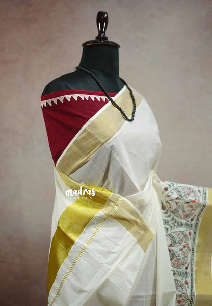 Smt Nirmala sitharaman inspired Madhubani Handpainted south cotton with raw silk blouse combo - Pearl white - Madras Sarees