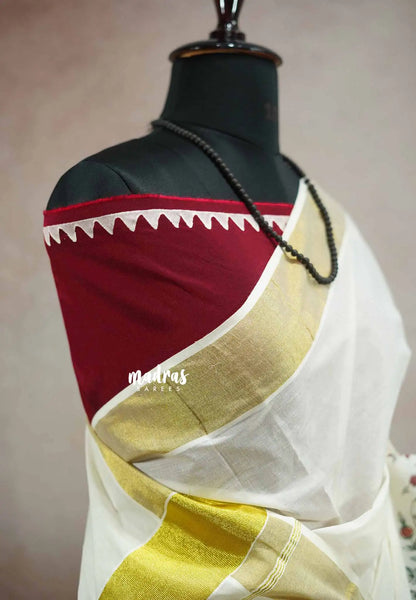 Smt Nirmala sitharaman inspired Madhubani Handpainted south cotton with raw silk blouse combo - Pearl white - Madras Sarees