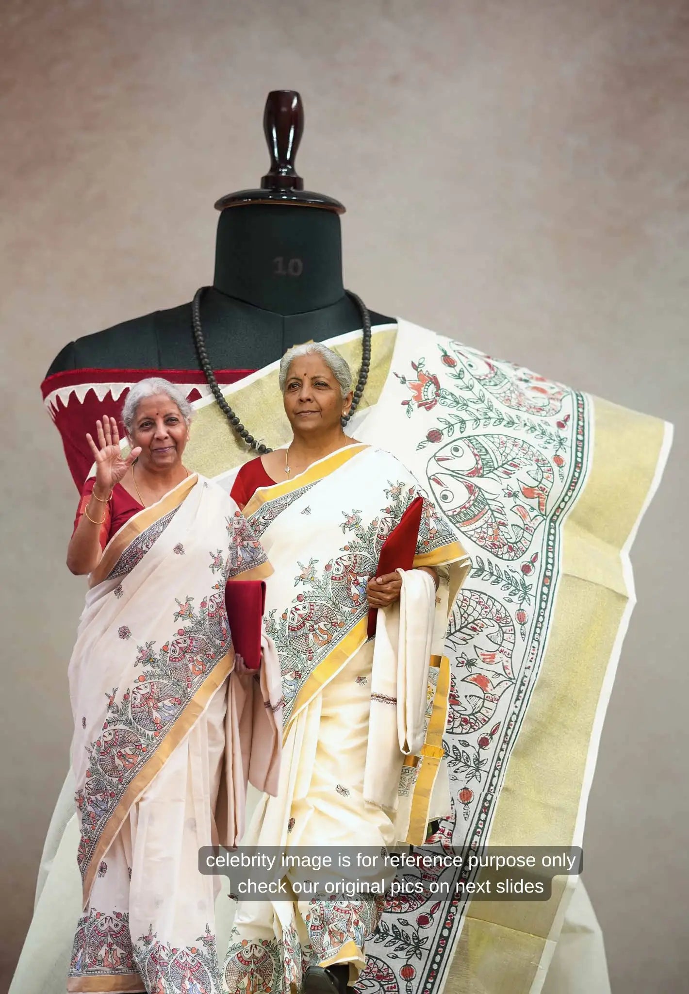 Smt Nirmala sitharaman inspired Madhubani Handpainted south cotton with raw silk blouse combo - Pearl white - Madras Sarees