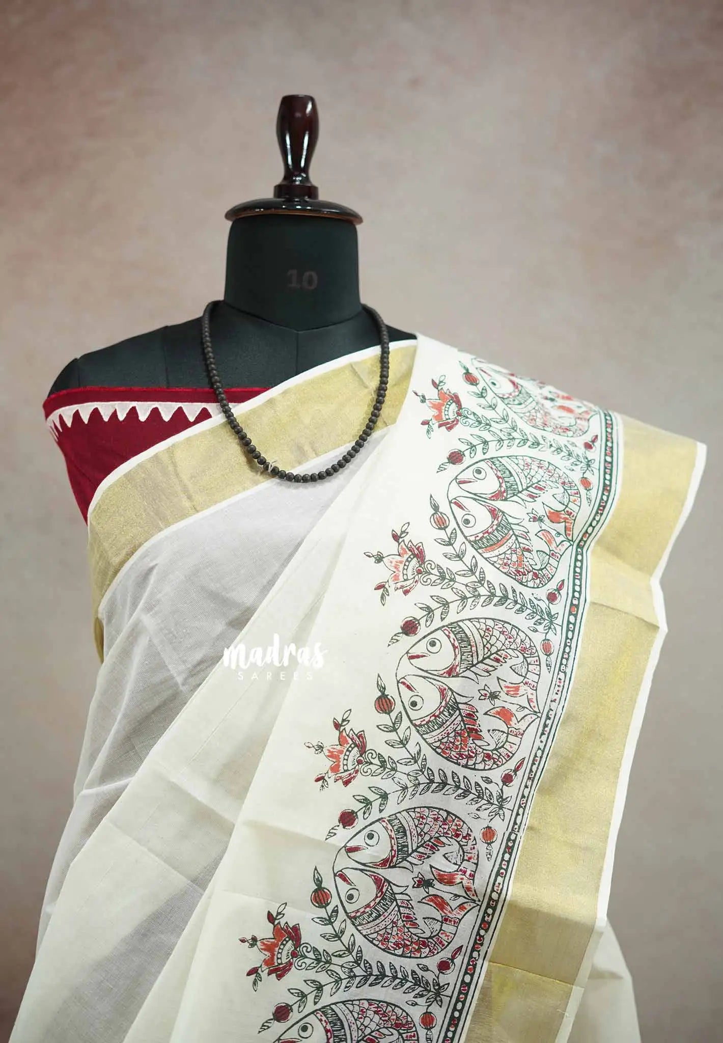 Smt Nirmala sitharaman inspired Madhubani Handpainted south cotton with raw silk blouse combo - Pearl white - Madras Sarees