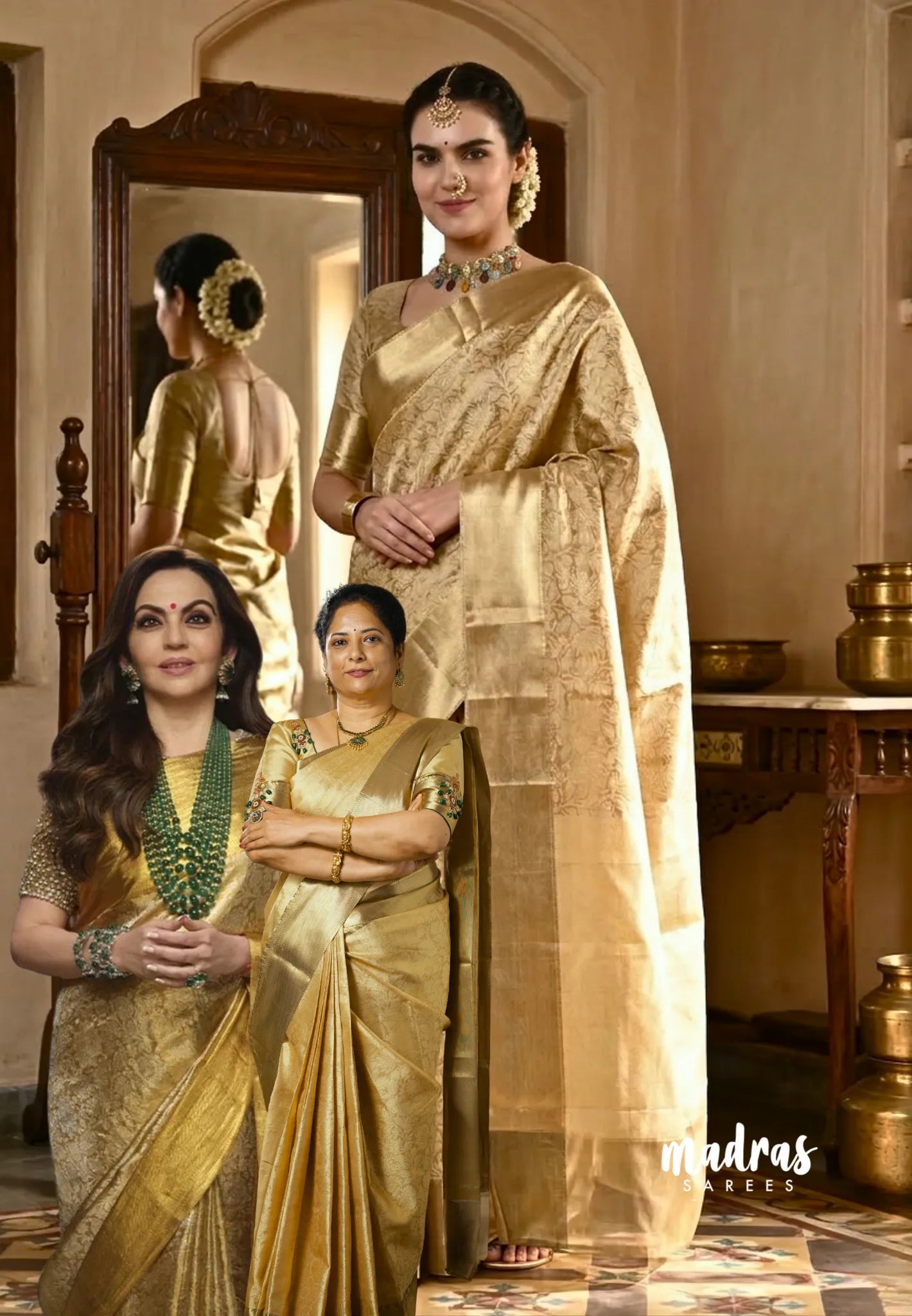 Ahaana - Nita Ambani inspired semi silk with emboss weaving plain border - Pure gold - Madras Sarees