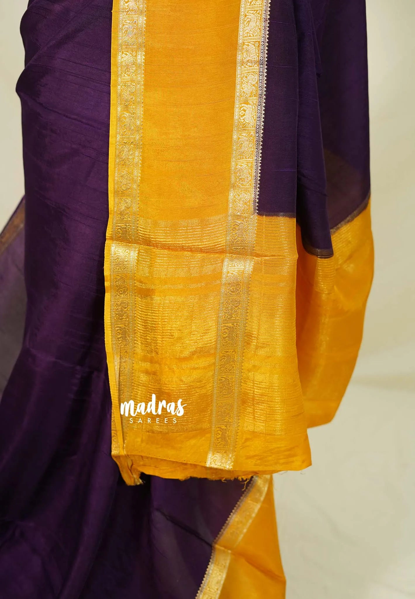 Plum Purple with Yellow - Viscose Georgette Saree with Rettapetta Border - Best for Functions Wear - Madras Sarees