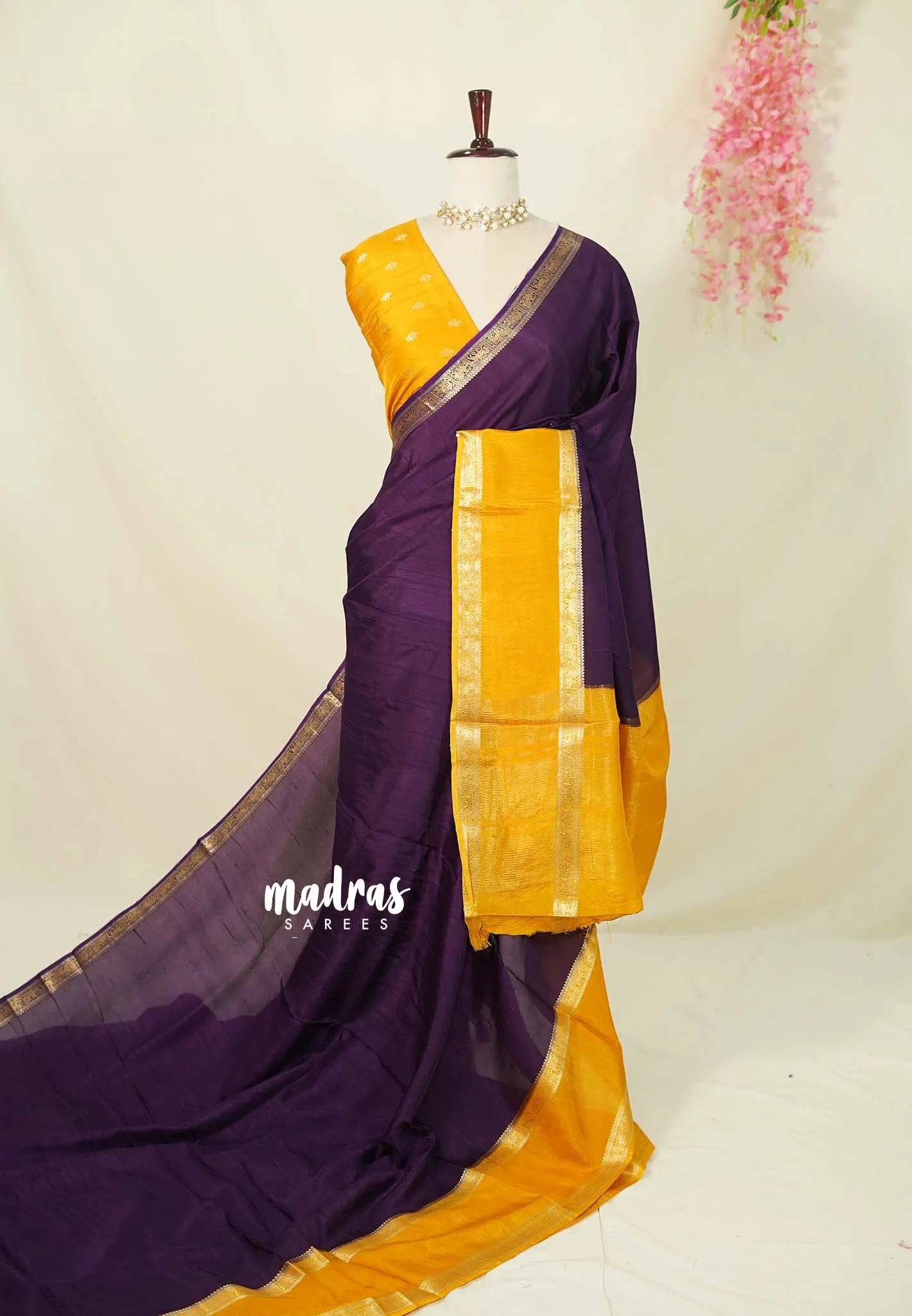 Plum Purple with Yellow - Viscose Georgette Saree with Rettapetta Border - Best for Functions Wear - Madras Sarees