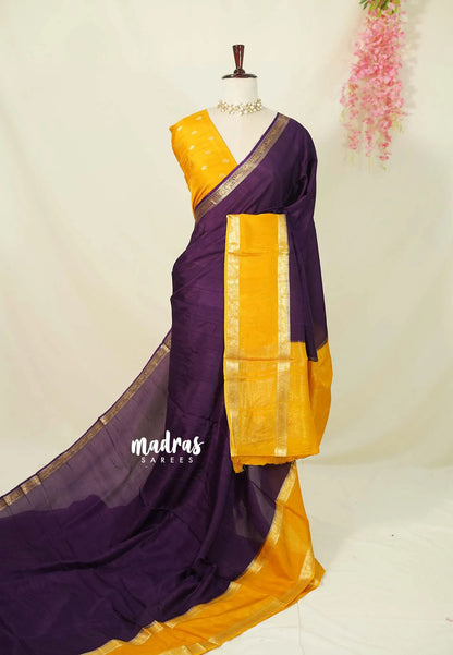 Plum Purple with Yellow - Viscose Georgette Saree with Rettapetta Border - Best for Functions Wear - Madras Sarees