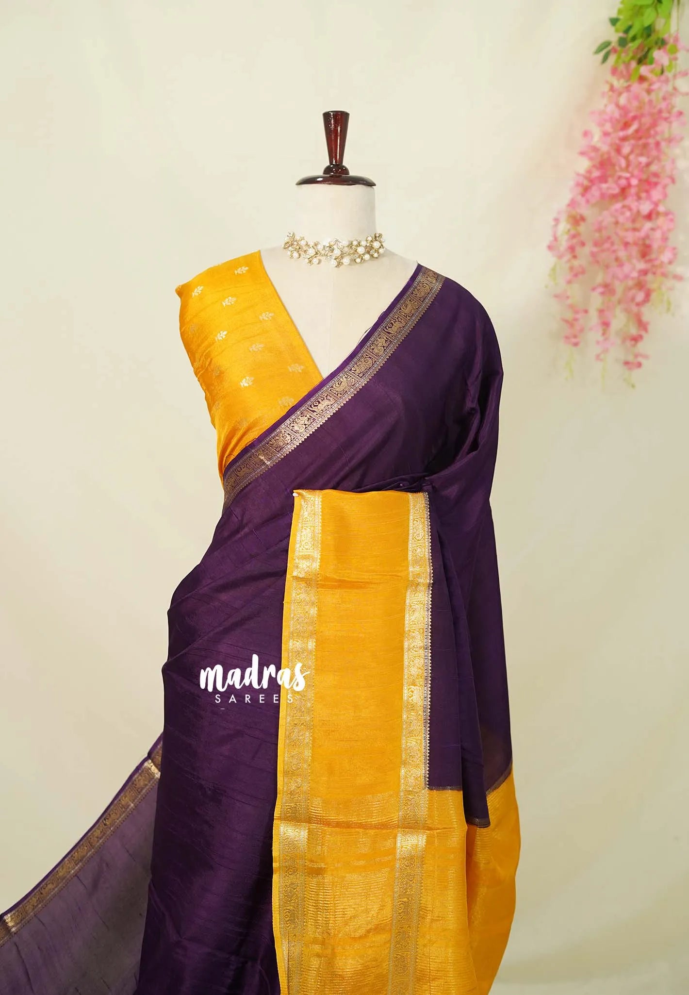 Plum Purple with Yellow - Viscose Georgette Saree with Rettapetta Border - Best for Functions Wear - Madras Sarees