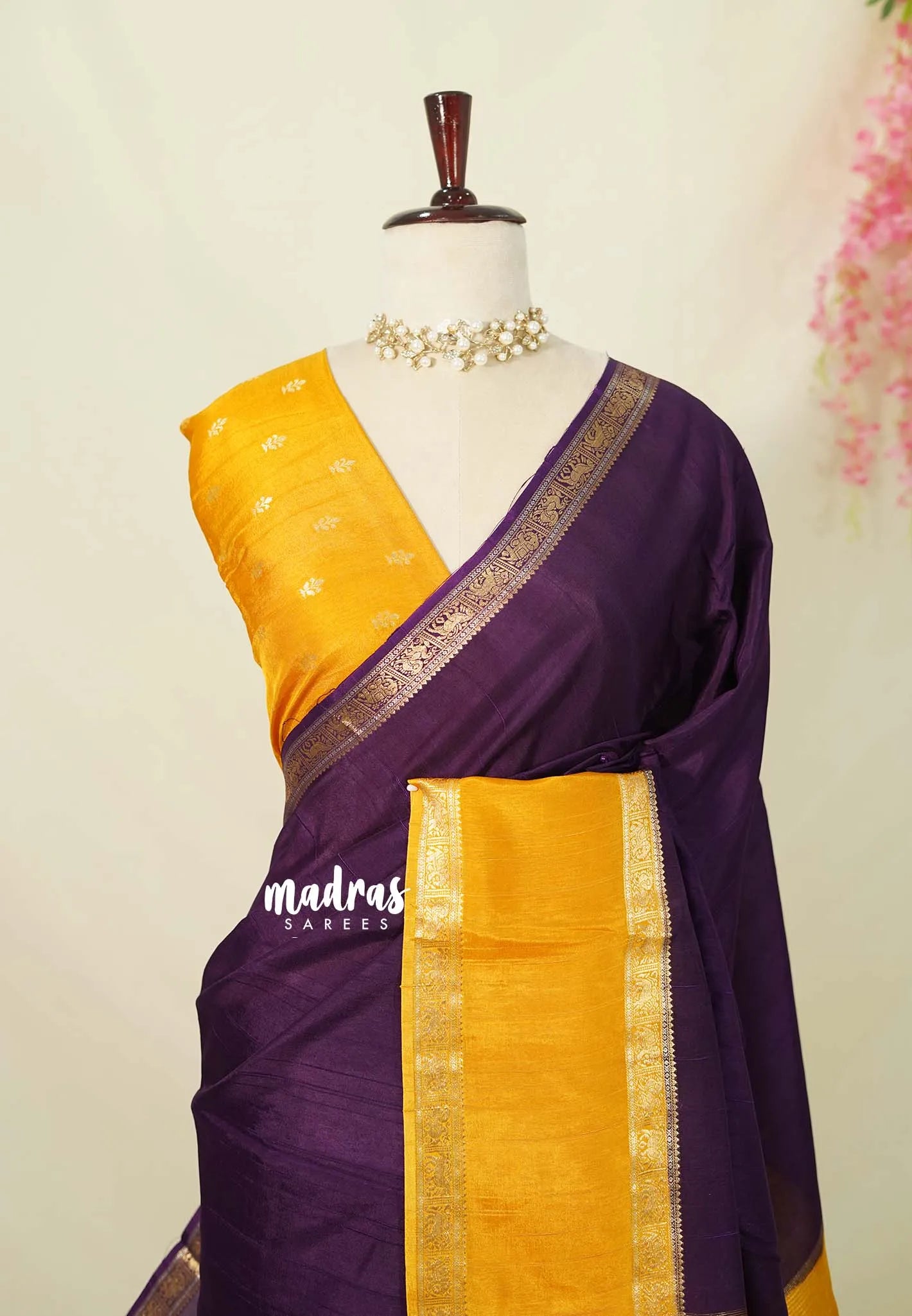 Plum Purple with Yellow - Viscose Georgette Saree with Rettapetta Border - Best for Functions Wear - Madras Sarees
