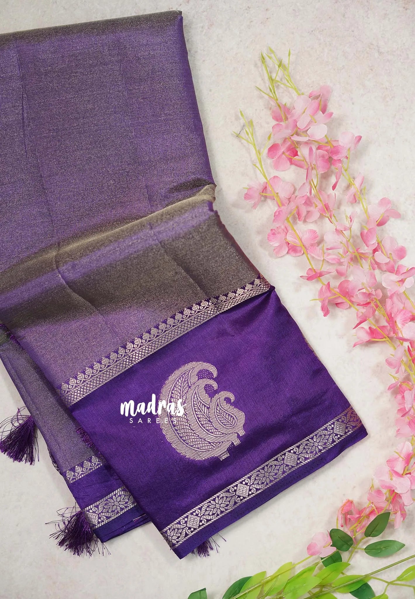 Golden Shade Royal Purple - Raaga - Semi Tussar Saree with Tissue Weaving Body - Best for Small Functions - Madras Sarees