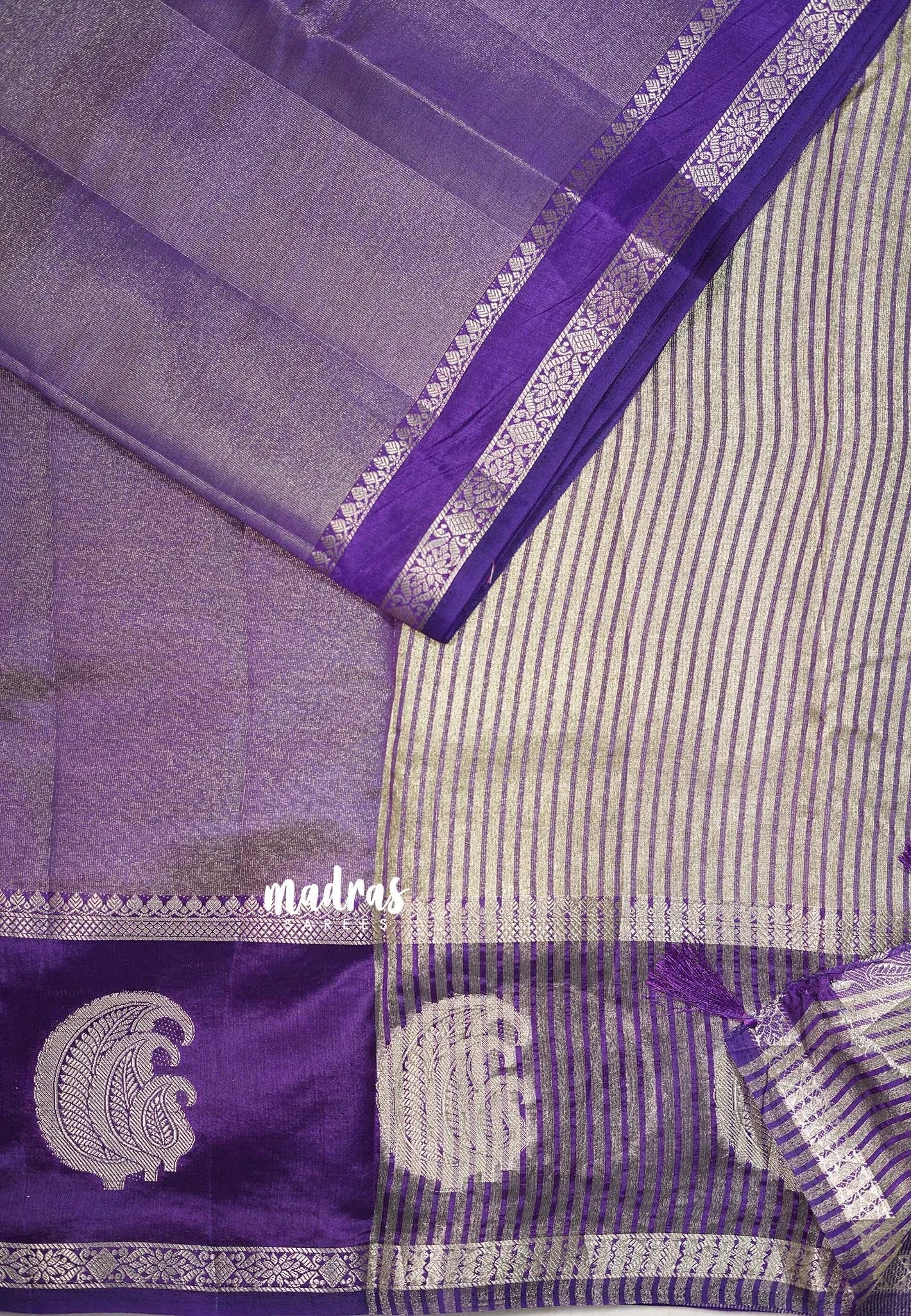 Golden Shade Royal Purple - Raaga - Semi Tussar Saree with Tissue Weaving Body - Best for Small Functions - Madras Sarees