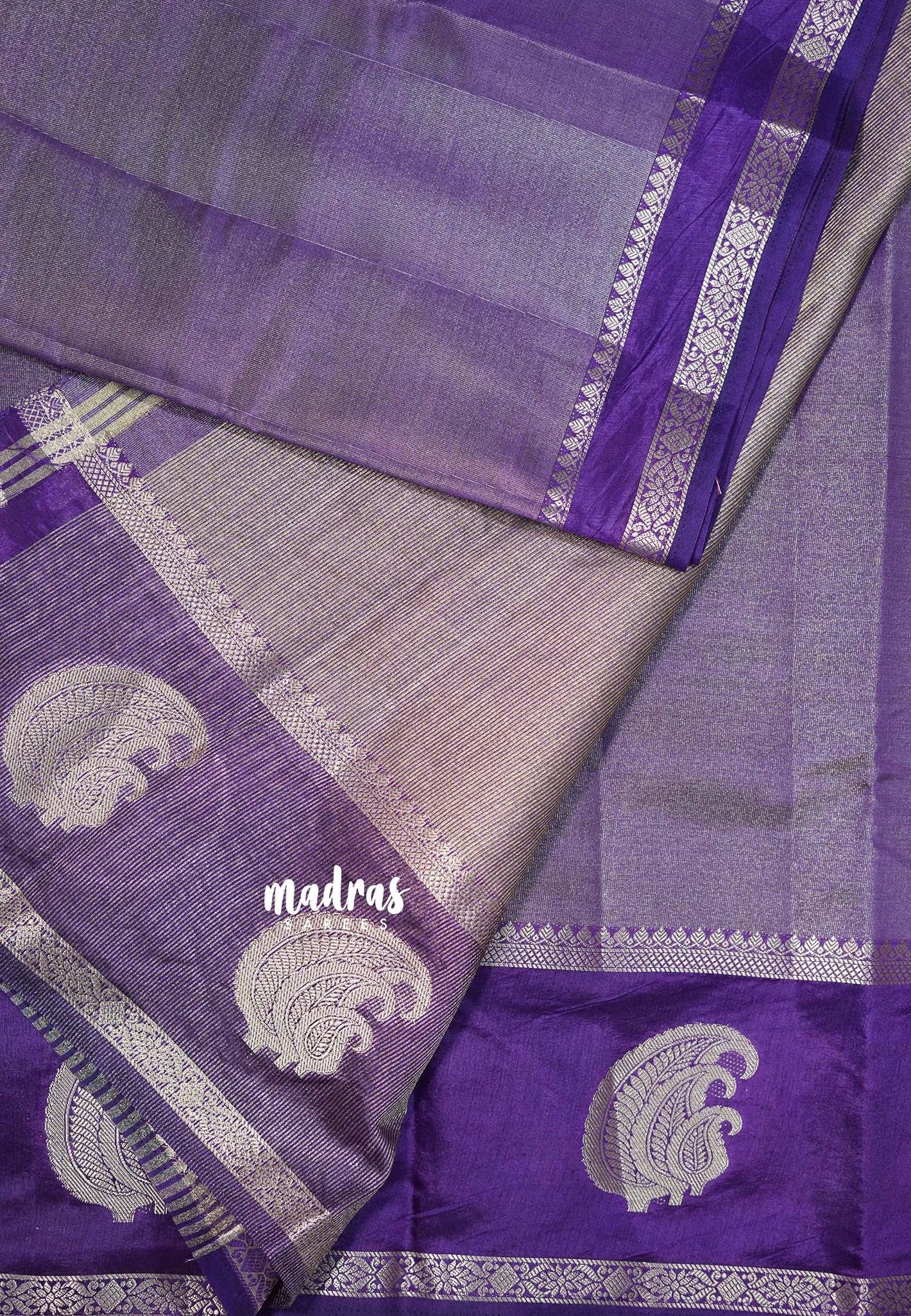Golden Shade Royal Purple - Raaga - Semi Tussar Saree with Tissue Weaving Body - Best for Small Functions - Madras Sarees