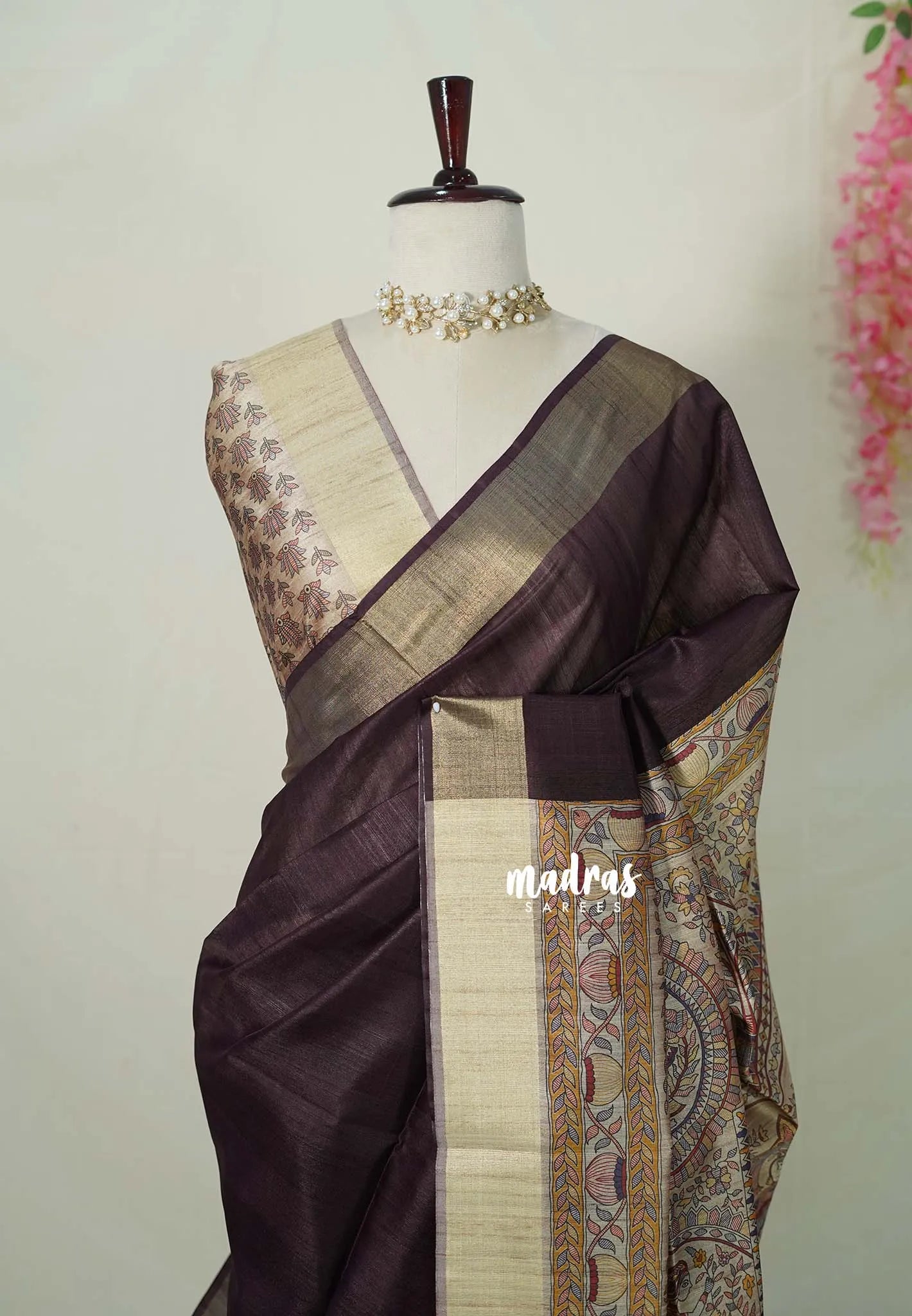 Brown - Roopa - Premium Chappa semi tussar with Madhubani art pallu - Madras Sarees