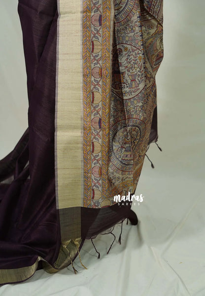 Brown - Roopa - Premium Chappa semi tussar with Madhubani art pallu - Madras Sarees