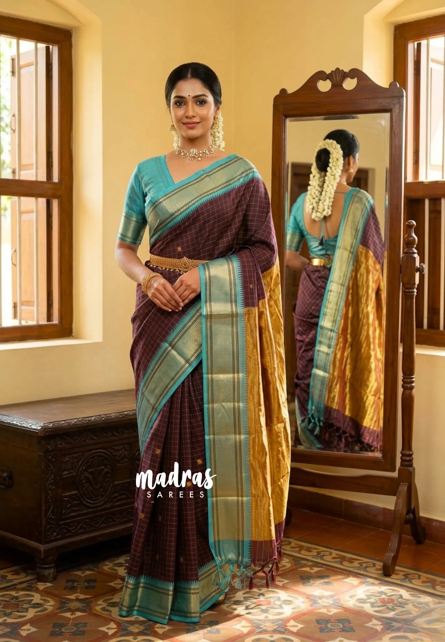 Sico Gadwal checks Dark winebrown - Madras Sarees