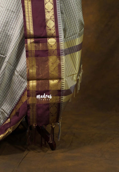 Dove Grey - Sico Gadwal Semi Silk Checks with Traditonal Rudraksham Border - Best for Wedding Functions - Madras Sarees