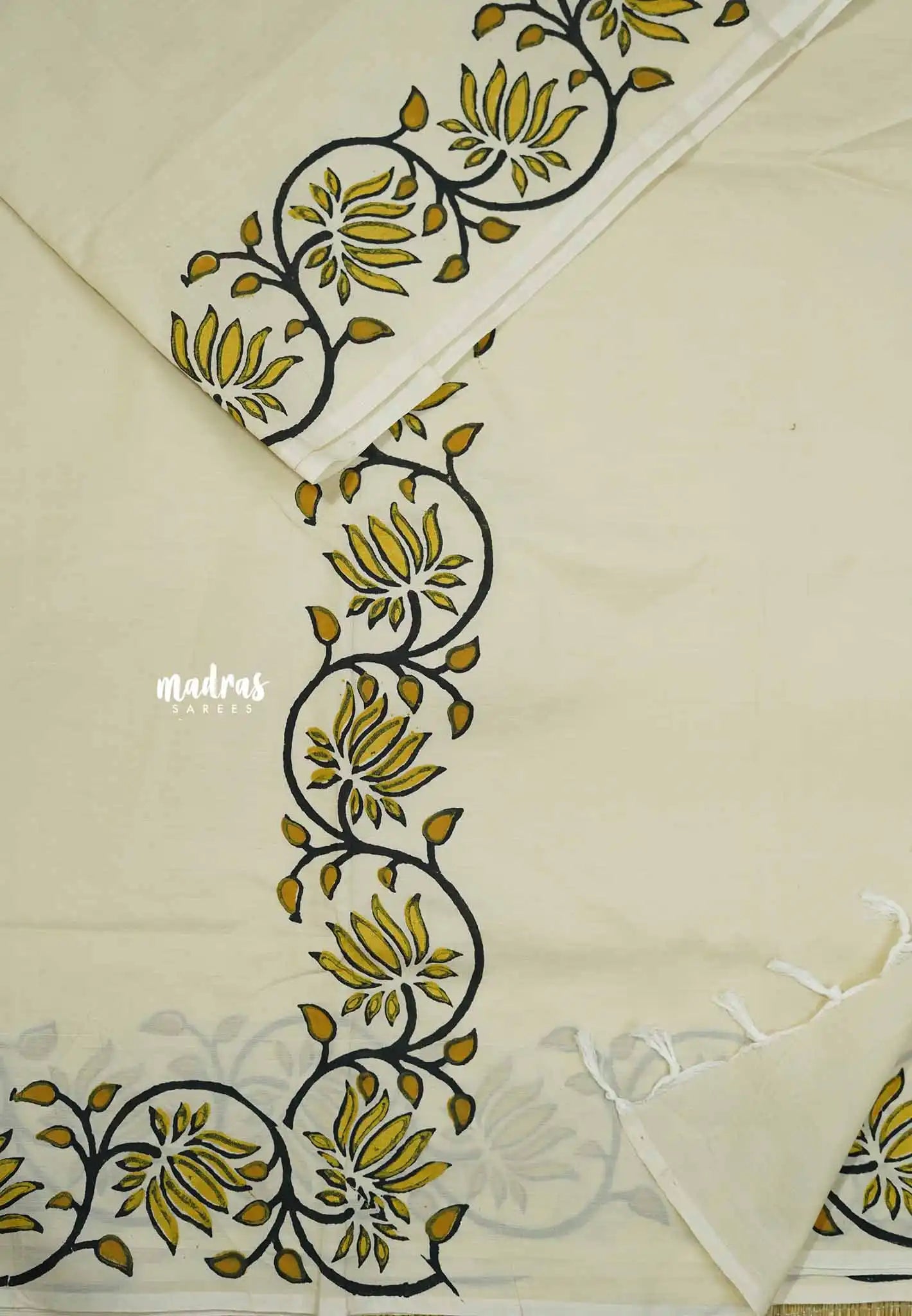 Halfwhite with golden yellow rawsilk blouse - Sowmiya - Organic Bamboo Cotton with handblock print - Madras Sarees