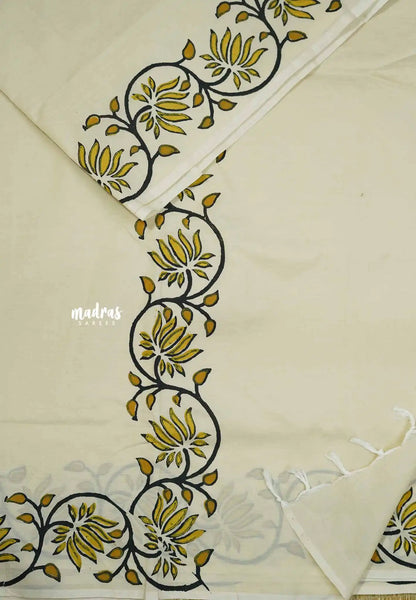 Halfwhite with golden yellow rawsilk blouse - Sowmiya - Organic Bamboo Cotton with handblock print - Madras Sarees