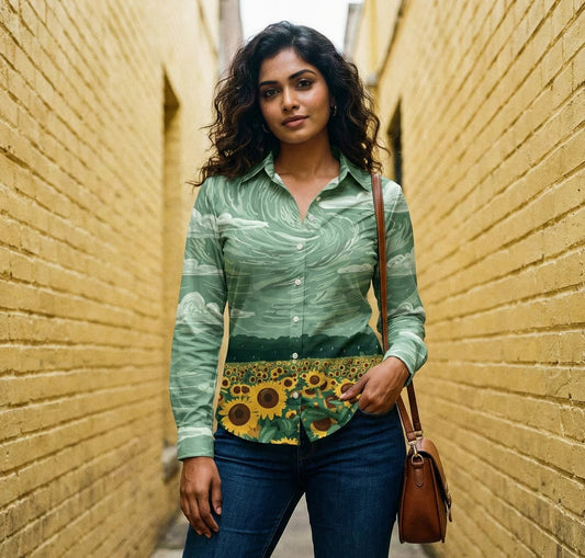 Sunflower Skies Women's Linen Shirt - Fully Filmy - MadrascartFully Filmy