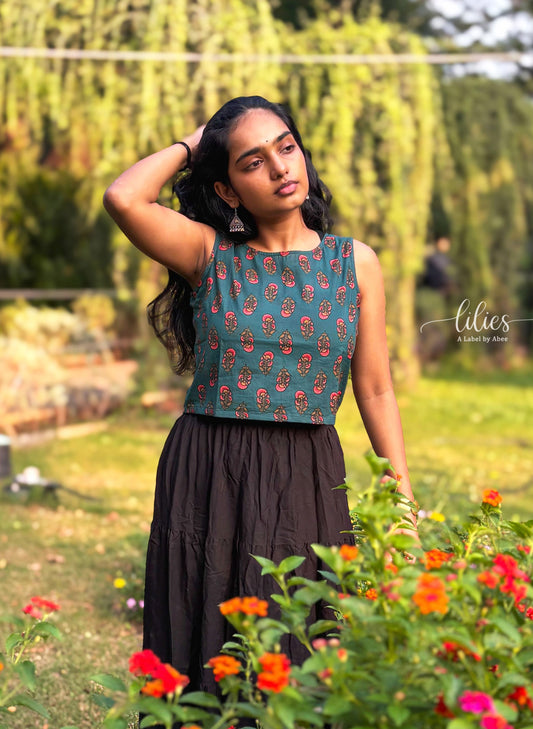 Teal Garden Crop Top - Lilies