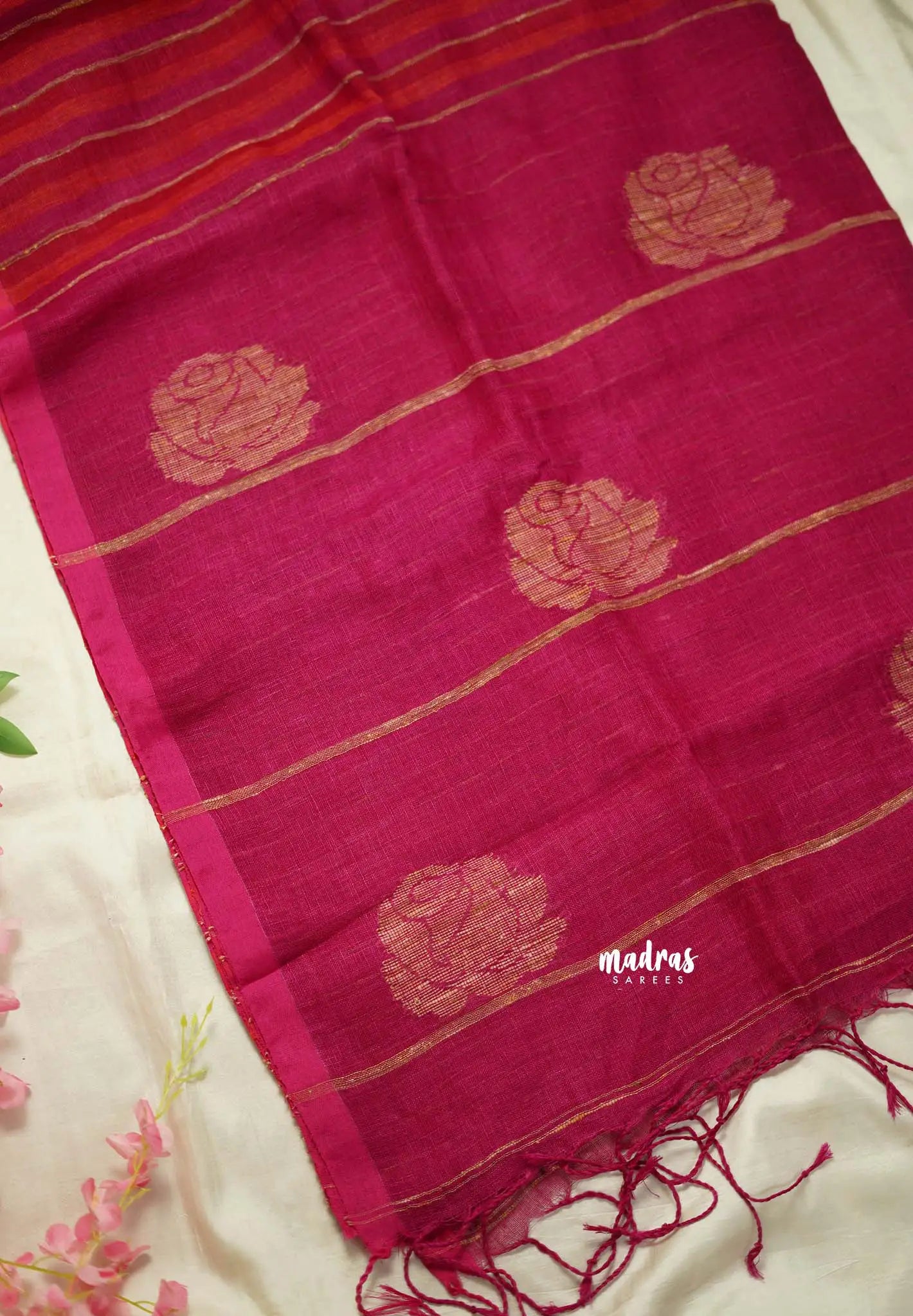 Organic linen Orange and pink stripes Rose pallu - Vanibhojan pink saree - Madras Sarees