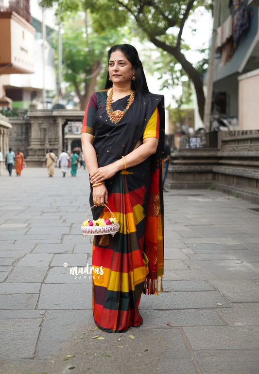 Ebony Black with Sunset Checks - Vedhavalli – Soft Silk Elegance - Perfect for wedding - Madras Sarees
