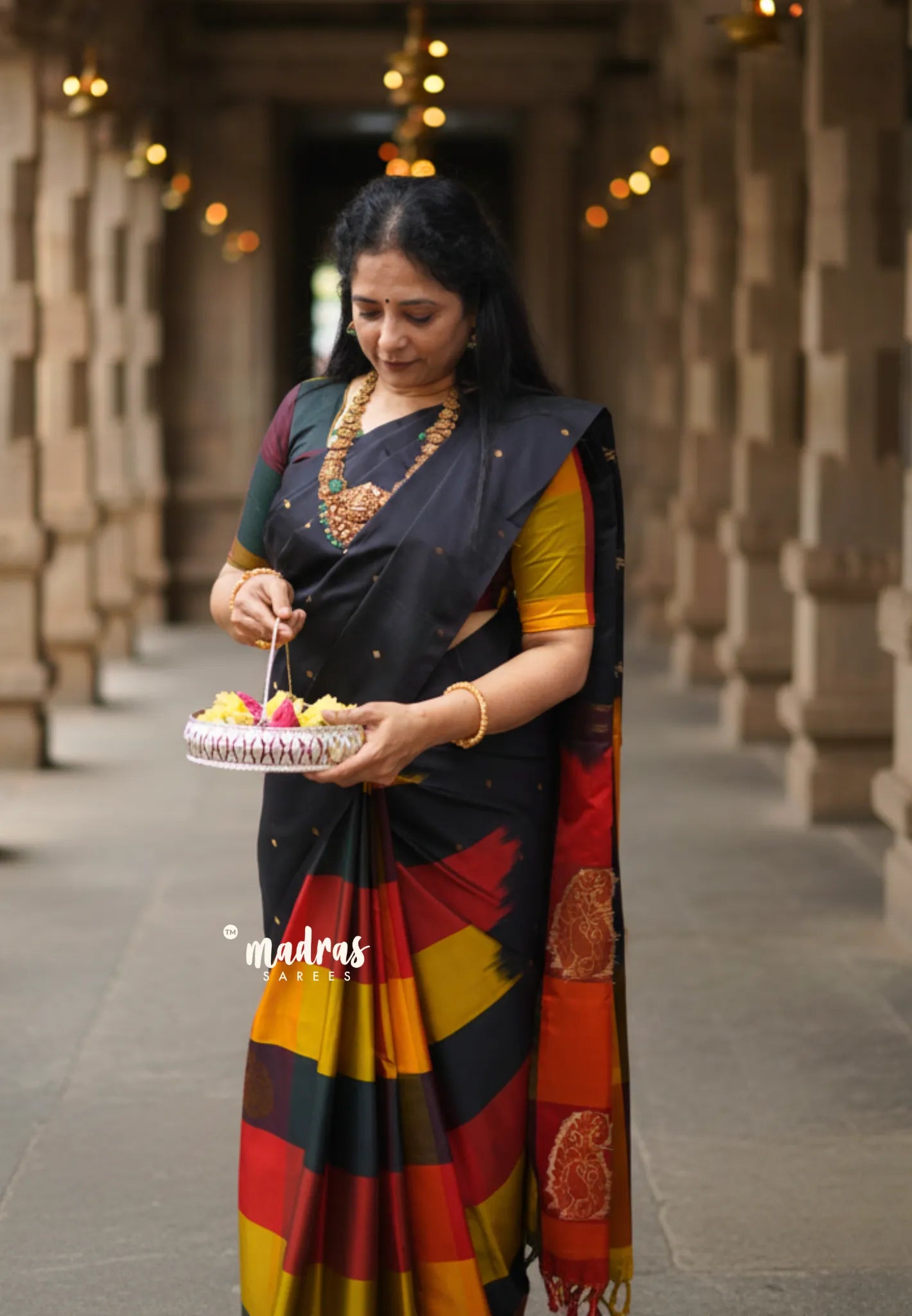 Ebony Black with Sunset Checks - Vedhavalli – Soft Silk Elegance - Perfect for wedding - Madras Sarees