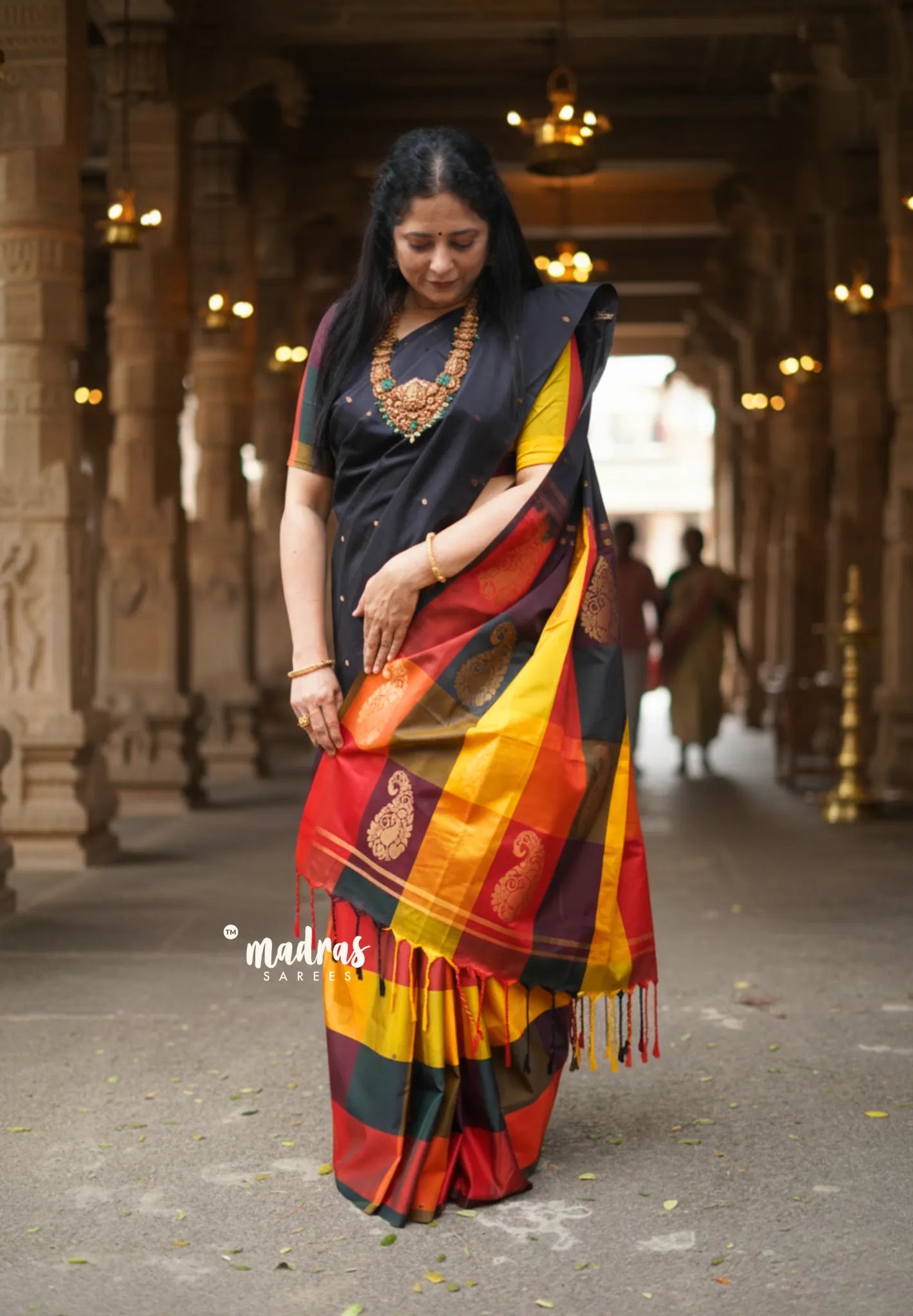 Ebony Black with Sunset Checks - Vedhavalli – Soft Silk Elegance - Perfect for wedding - Madras Sarees
